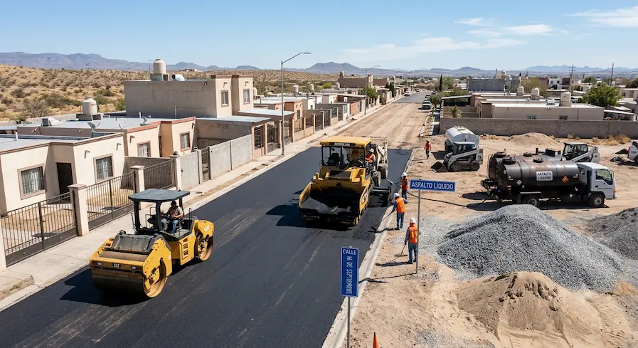 Pavimentación de calle con vibrocompactador, finisher y pipa de asfalto