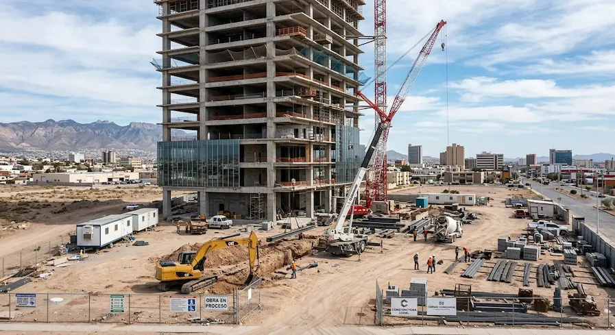 Torre corporativa en construcción con grúa y frente de obra activo
