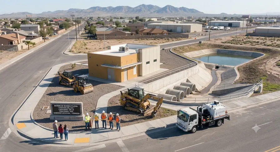 Sistema de bombeo pluvial terminado con cárcamo, cuerpo de bombas y personal de obra
