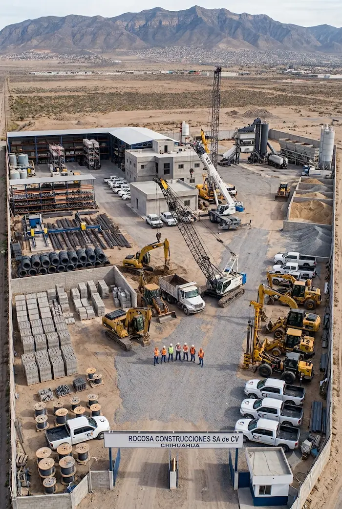 Vista aérea del patio de maquinaria de Rocosa Construcciones en Chihuahua, con el equipo de trabajo reunido
