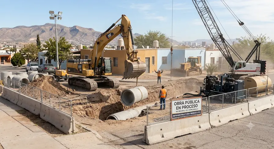 Obra pública en proceso con excavadora, grúa y tubería de concreto en zona urbana