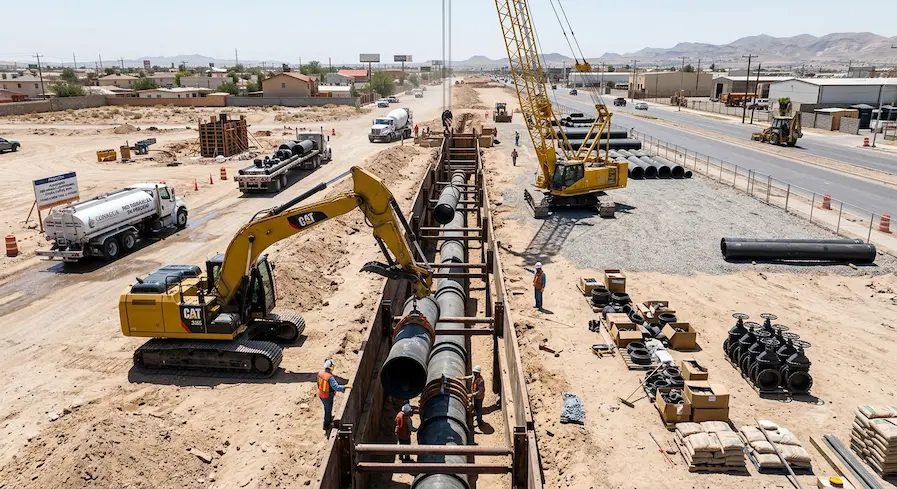 Instalación de tubería de gran diámetro en zanja con excavadora y grúa
