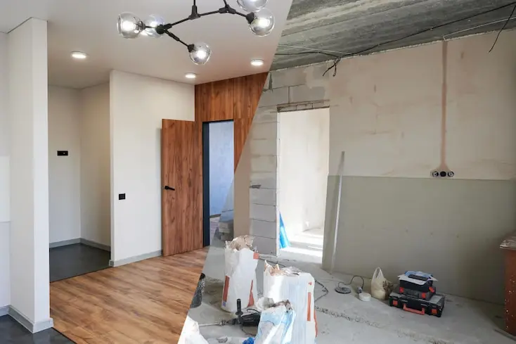 Interior en remodelación: la mitad del espacio ya terminada con piso de madera y carpintería, la otra mitad en obra gris